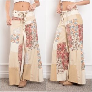 Bluevelvet Floral Print Patchwork Wide Leg Frayed Hem Belted Denim Pants